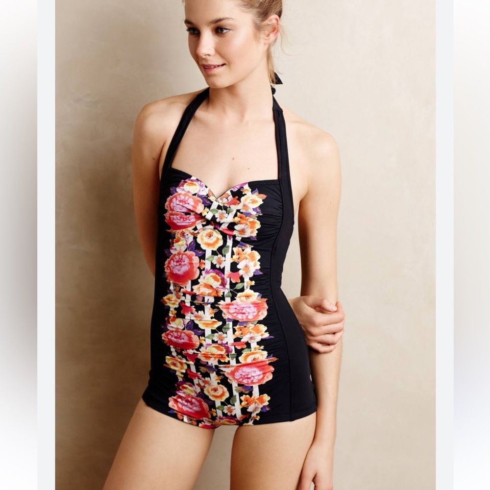 Seafolly Black Swimsuit with Floral Accents